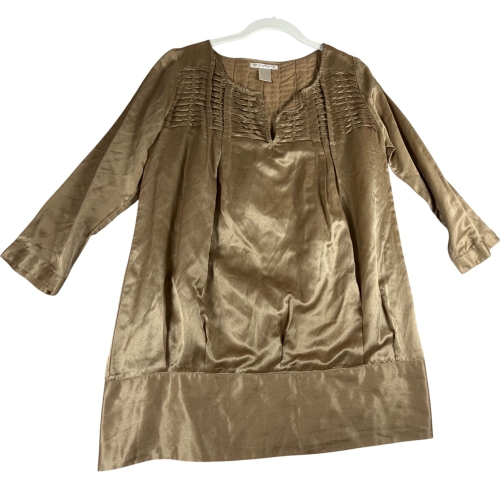 Gold Hawk Silk Blend Pintuck Blouse Small‎ Bronze Satin Top Dressy Boho Romantic